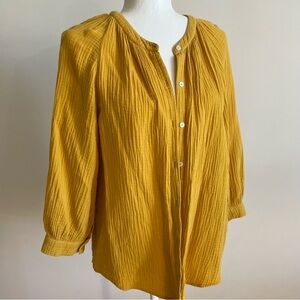 1 State Crinkly Cotton Button Down Shirt Tunic, Women Medium Mustard Yellow